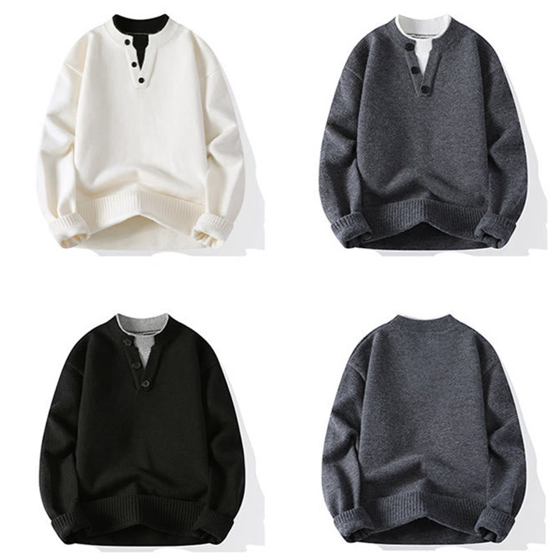 Pull en maille chaude à manches longues pour homme, orné de boutons et de Buddha Stones, col rond. - image 11