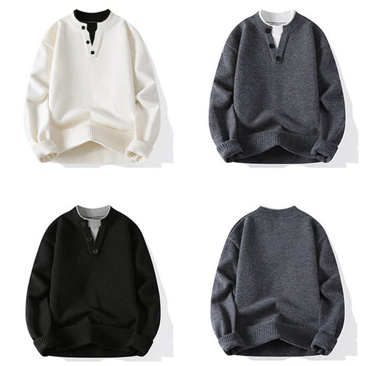 Pull en maille chaude à manches longues pour homme, orné de boutons et de Buddha Stones, col rond. - image 11