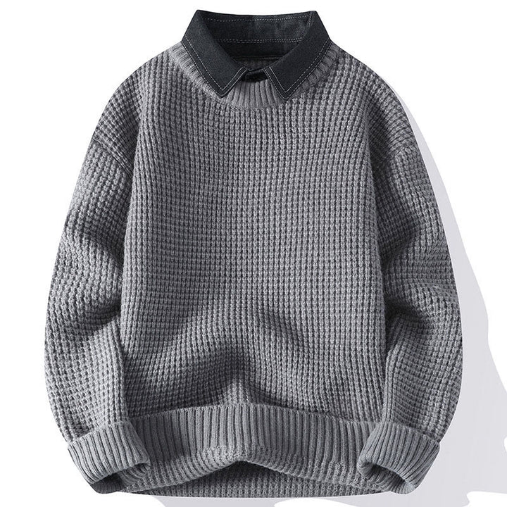 Pull en maille chaude à manches longues pour homme, col montant noir, motif gaufré, motif Buddha Stones Winter - Gris clair - US/UK/AU44，EU54 (4XL) - image 0