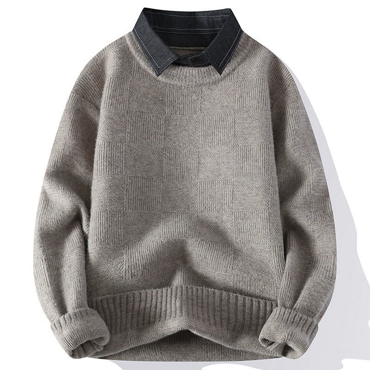 Pull en maille chaude à manches longues pour homme, col montant noir, motif à carreaux, Buddha Stones - Lin - US/UK/AU44，EU54 (4XL) - image 0