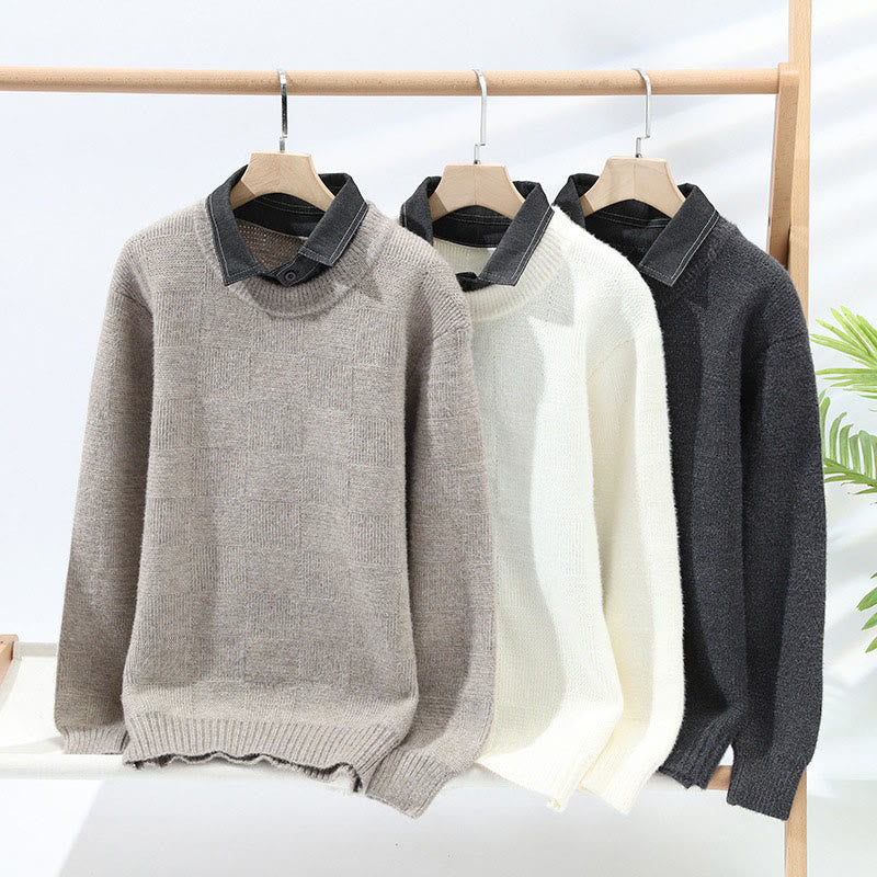 Pull en maille chaude à manches longues pour homme, col montant noir, motif à carreaux, Buddha Stones - image 6