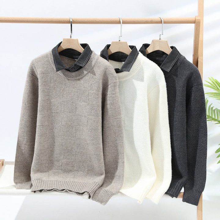 Pull en maille chaude à manches longues pour homme, col montant noir, motif à carreaux, Buddha Stones - image 6