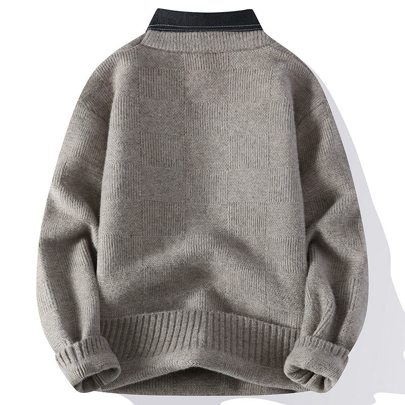 Pull en maille chaude à manches longues pour homme, col montant noir, motif à carreaux, Buddha Stones - image 1