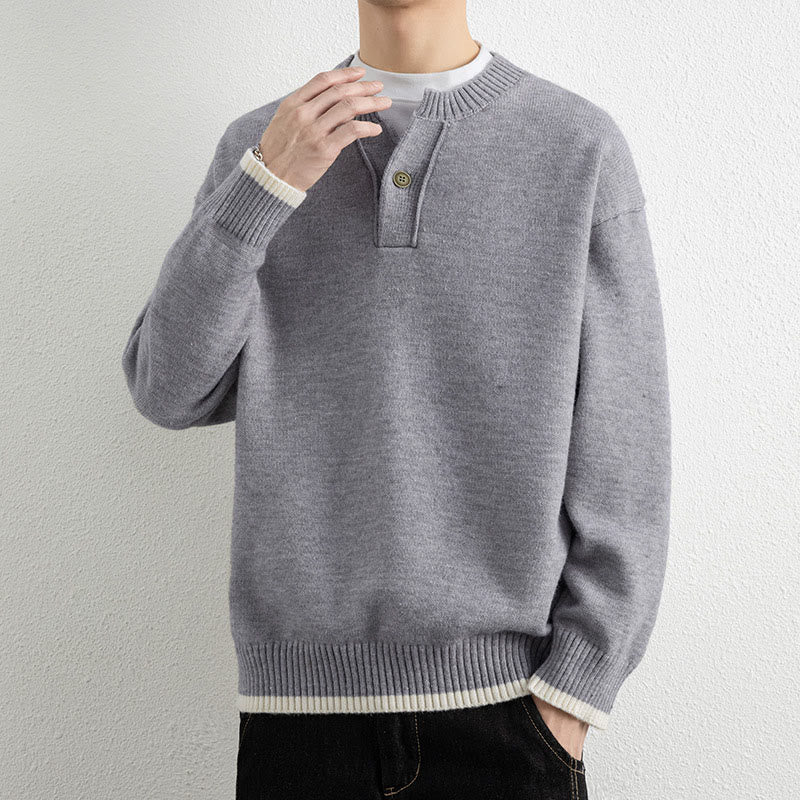 Pull en maille chaud à manches longues pour homme, col en V, motif Buddha Stones, avec un bouton - image 1