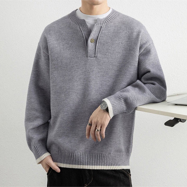 Pull en maille chaud à manches longues pour homme, col en V, motif Buddha Stones, avec un bouton - image 2