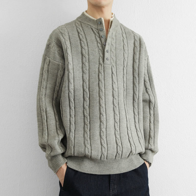 Pull en maille chaude à manches longues pour homme, col en V, boutons et design torsadé, Buddha Stones - image 14