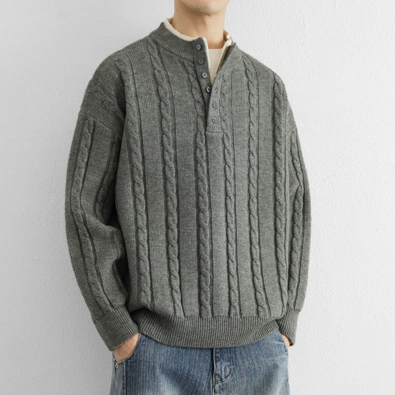 Pull en maille chaude à manches longues pour homme, col en V, boutons et design torsadé, Buddha Stones - image 8