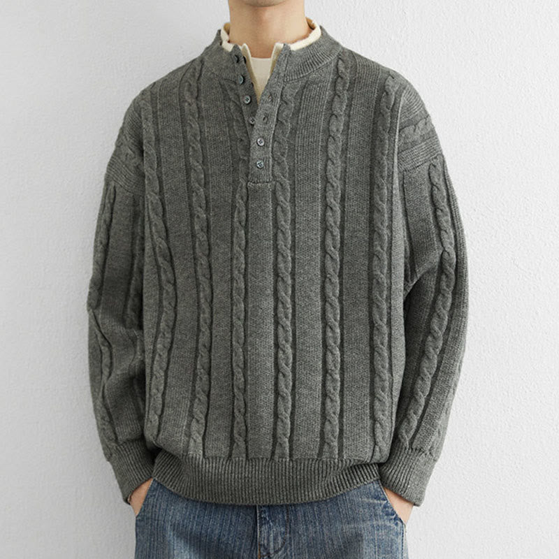 Pull en maille chaude à manches longues pour homme, col en V, boutons et design torsadé, Buddha Stones - image 7