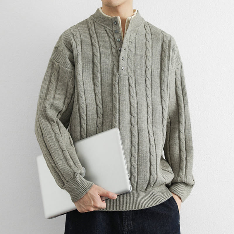 Pull en maille chaude à manches longues pour homme, col en V, boutons et design torsadé, Buddha Stones - image 15