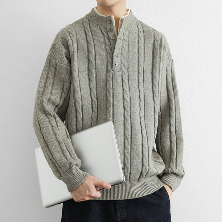 Pull en maille chaude à manches longues pour homme, col en V, boutons et design torsadé, Buddha Stones - image 15