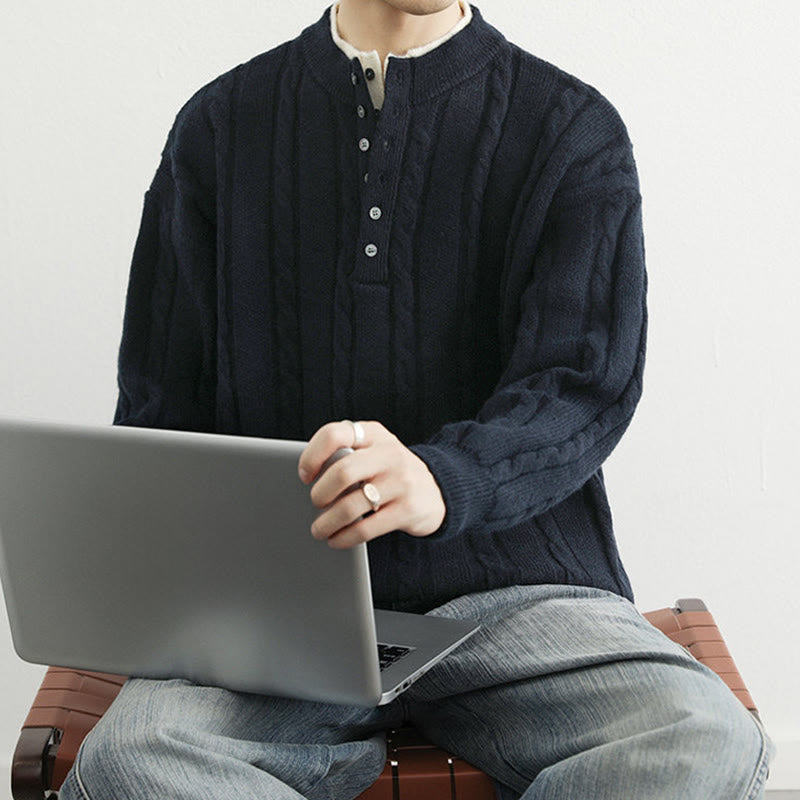 Pull en maille chaude à manches longues pour homme, col en V, boutons et design torsadé, Buddha Stones - image 5