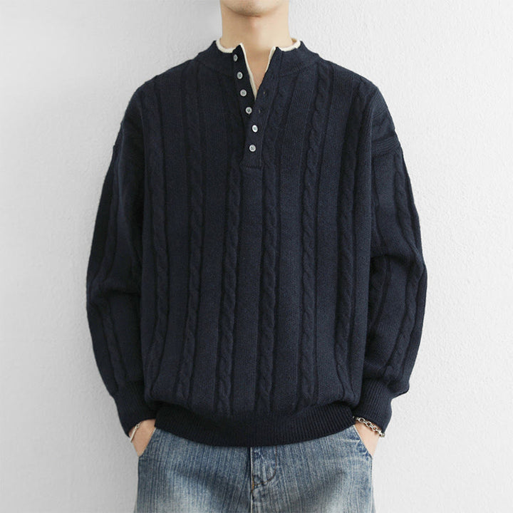 Pull en maille chaude à manches longues pour homme, col en V, boutons et design torsadé, Buddha Stones - Bleu nuit - US/UK/AU44，EU54 (4XL) - image 0