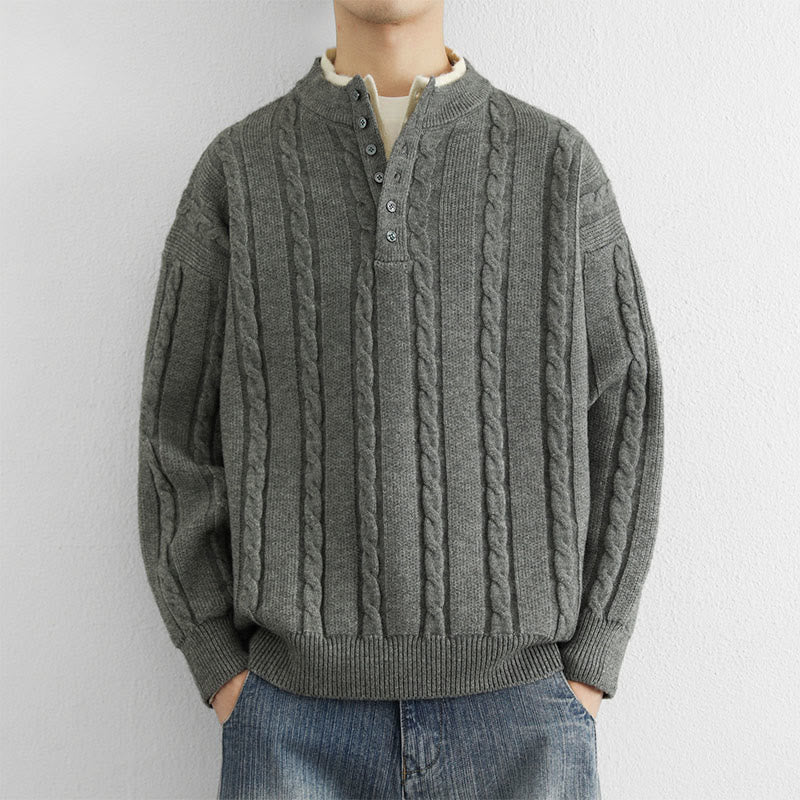 Pull en maille chaude à manches longues pour homme, col en V, boutons et design torsadé, Buddha Stones - Gris foncé - US/UK/AU44，EU54 (4XL) - image 6