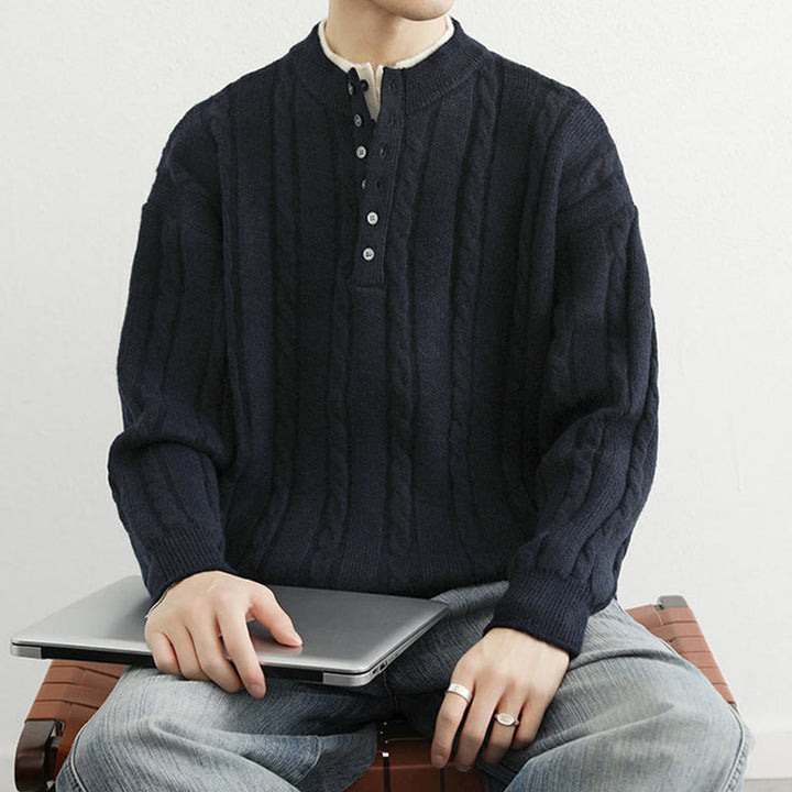 Pull en maille chaude à manches longues pour homme, col en V, boutons et design torsadé, Buddha Stones - image 4