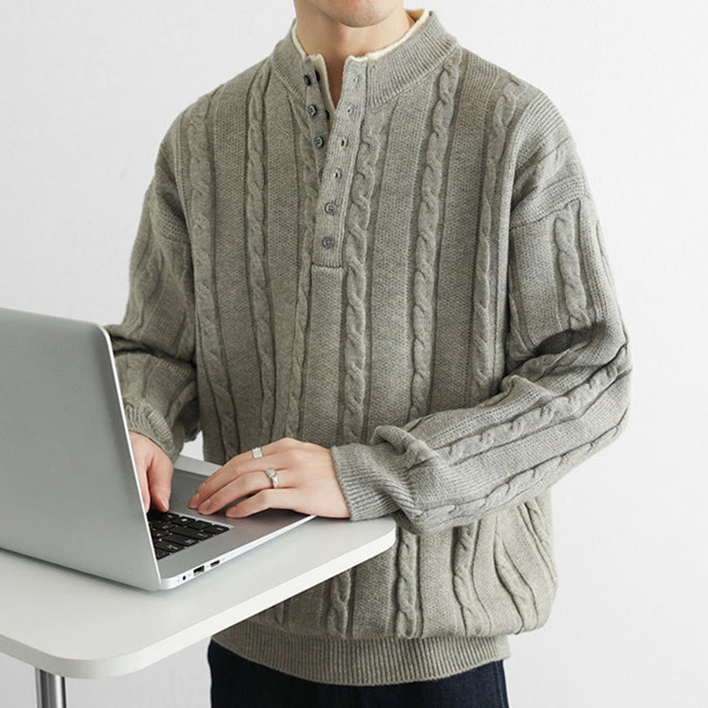 Pull en maille chaude à manches longues pour homme, col en V, boutons et design torsadé, Buddha Stones - image 18