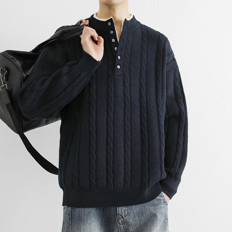 Pull en maille chaude à manches longues pour homme, col en V, boutons et design torsadé, Buddha Stones - image 3