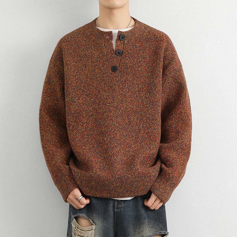 Pull en maille chaude à manches longues pour homme, col en V, boutons, motif côtelé, Buddha Stones - Chocolat - US/UK/AU42，EU52 (3XL) - image 0