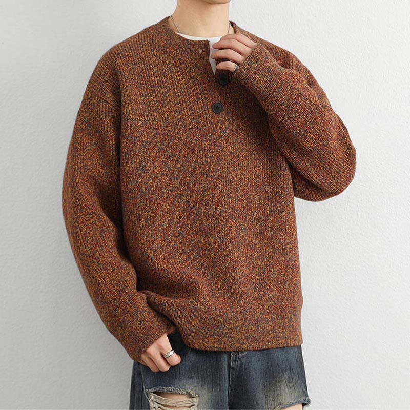 Pull en maille chaude à manches longues pour homme, col en V, boutons, motif côtelé, Buddha Stones - image 1