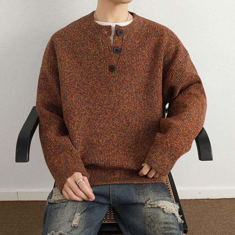 Pull en maille chaude à manches longues pour homme, col en V, boutons, motif côtelé, Buddha Stones - image 3