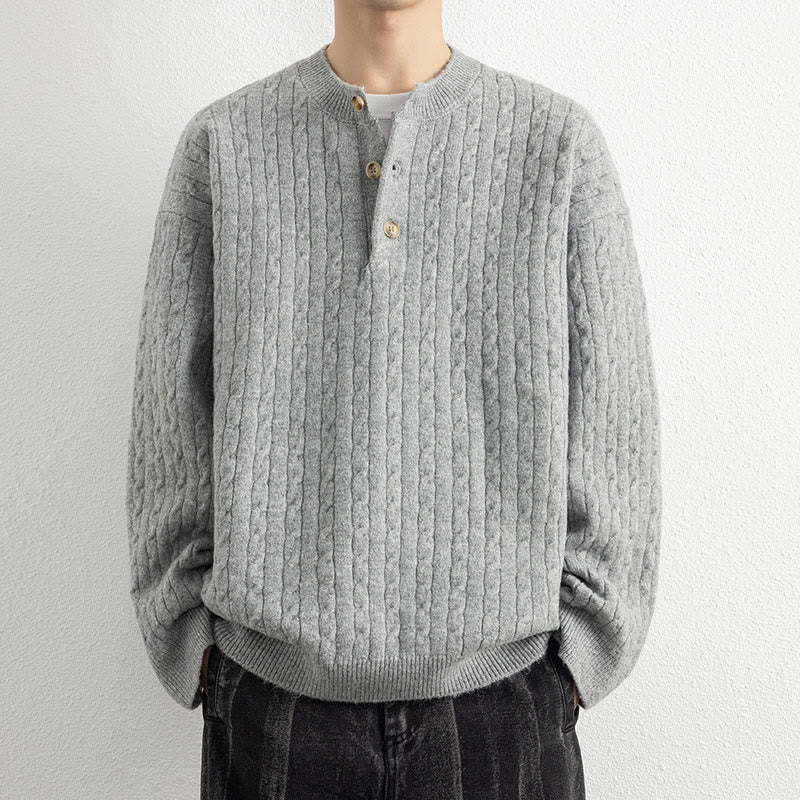 Pull en maille chaude à manches longues pour homme, col rond, trois boutons, motif torsadé, Buddha Stones - Gris clair - US/UK/AU42，EU52 (3XL) - image 11