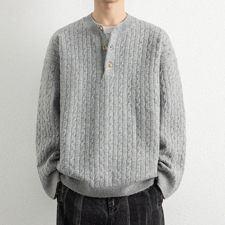 Pull en maille chaude à manches longues pour homme, col rond, trois boutons, motif torsadé, Buddha Stones - Gris clair - US/UK/AU42，EU52 (3XL) - image 11