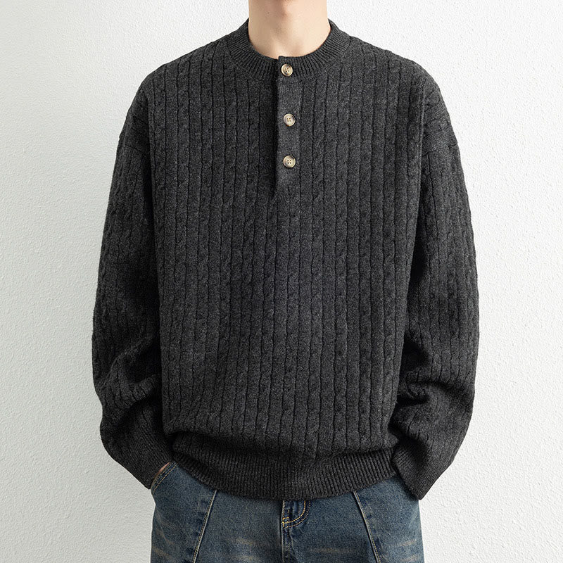 Pull en maille chaude à manches longues pour homme, col rond, trois boutons, motif torsadé, Buddha Stones - Noir - US/UK/AU42，EU52 (3XL) - image 14