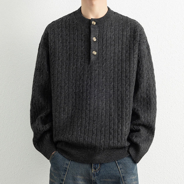Pull en maille chaude à manches longues pour homme, col rond, trois boutons, motif torsadé, Buddha Stones - Noir - US/UK/AU42，EU52 (3XL) - image 14