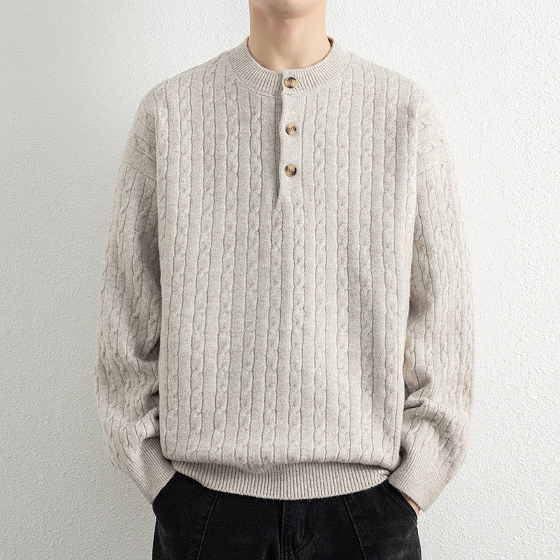 Pull en maille chaude à manches longues pour homme, col rond, trois boutons, motif torsadé, Buddha Stones - Lin - US/UK/AU42，EU52 (3XL) - image 0