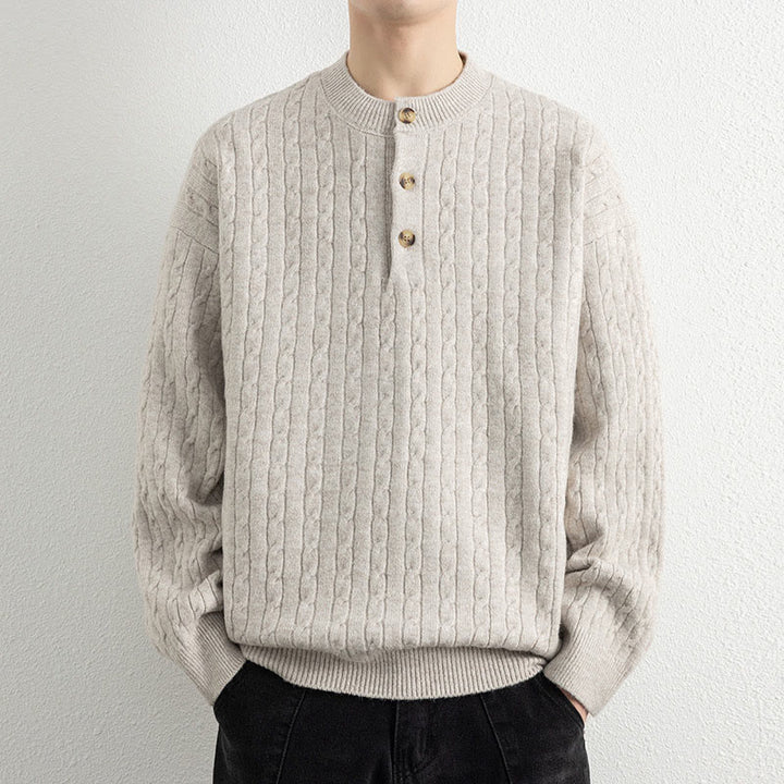 Pull en maille chaude à manches longues pour homme, col rond, trois boutons, motif torsadé, Buddha Stones - Lin - US/UK/AU42，EU52 (3XL) - image 0