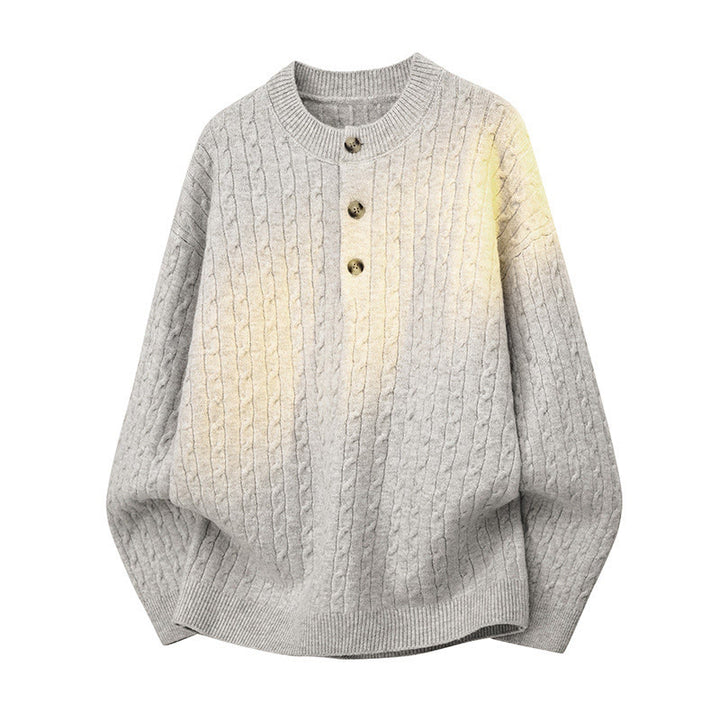 Pull en maille chaude à manches longues pour homme, col rond, trois boutons, motif torsadé, Buddha Stones - image 5
