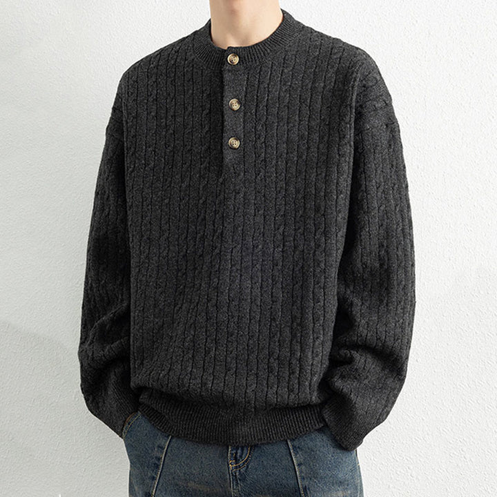 Pull en maille chaude à manches longues pour homme, col rond, trois boutons, motif torsadé, Buddha Stones - image 16