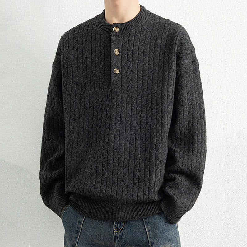 Pull en maille chaude à manches longues pour homme, col rond, trois boutons, motif torsadé, Buddha Stones - image 16