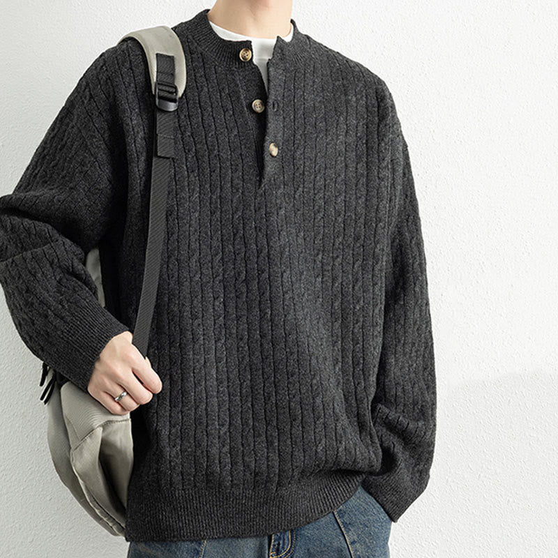 Pull en maille chaude à manches longues pour homme, col rond, trois boutons, motif torsadé, Buddha Stones - image 18