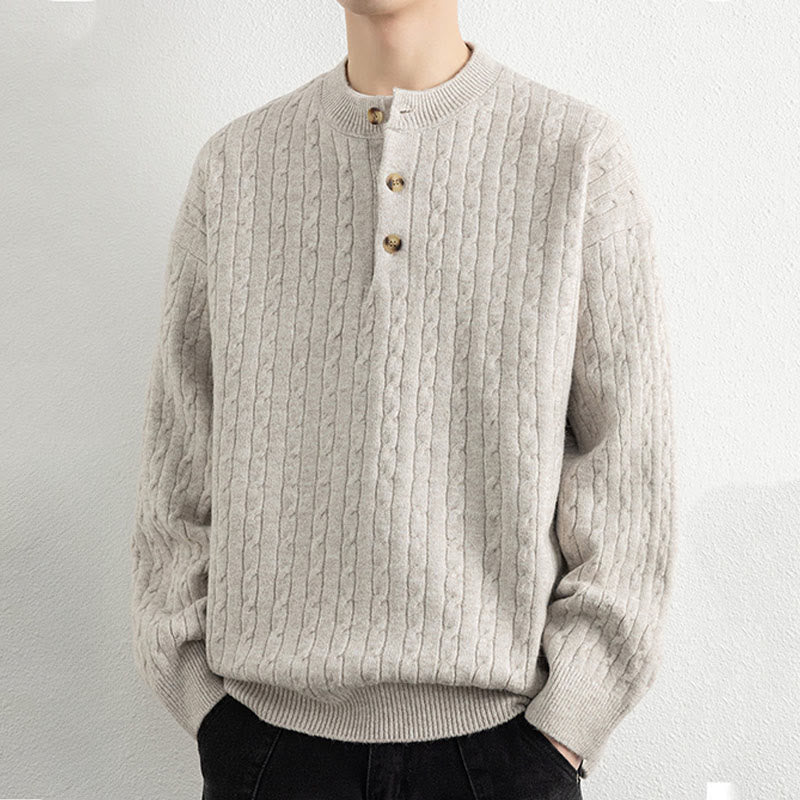 Pull en maille chaude à manches longues pour homme, col rond, trois boutons, motif torsadé, Buddha Stones - image 1