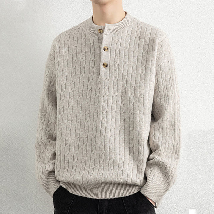 Pull en maille chaude à manches longues pour homme, col rond, trois boutons, motif torsadé, Buddha Stones - image 1