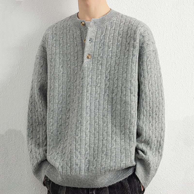 Pull en maille chaude à manches longues pour homme, col rond, trois boutons, motif torsadé, Buddha Stones - image 13