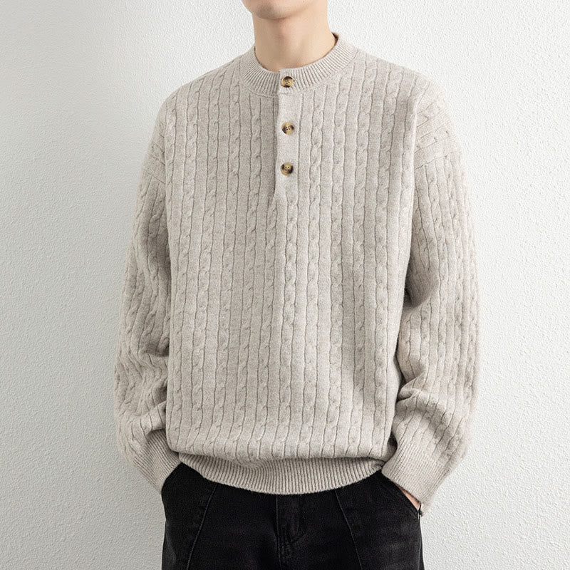 Pull en maille chaude à manches longues pour homme, col rond, trois boutons, motif torsadé, Buddha Stones - image 3