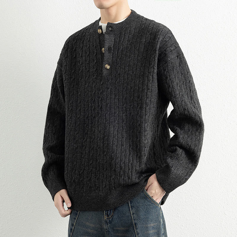 Pull en maille chaude à manches longues pour homme, col rond, trois boutons, motif torsadé, Buddha Stones - image 15