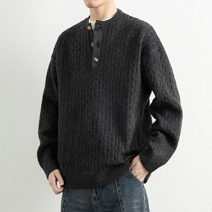 Pull en maille chaude à manches longues pour homme, col rond, trois boutons, motif torsadé, Buddha Stones - image 15