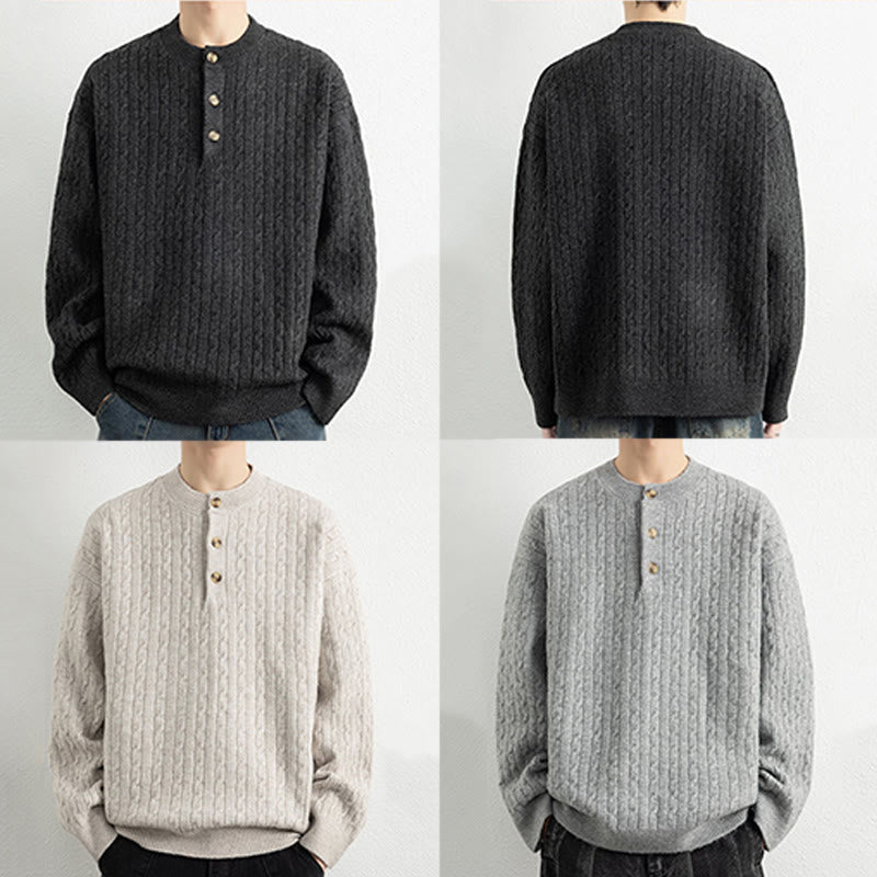 Pull en maille chaude à manches longues pour homme, col rond, trois boutons, motif torsadé, Buddha Stones - image 19