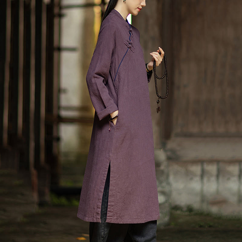 Robe Cheongsam midi en lin ramie uni à manches longues et poches, ornée de boutons grenouille et de Buddha Stones - image 17