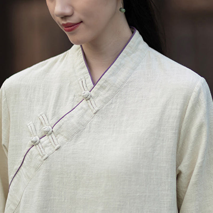 Robe Cheongsam midi en lin ramie uni à manches longues et poches, ornée de boutons grenouille et de Buddha Stones - image 14