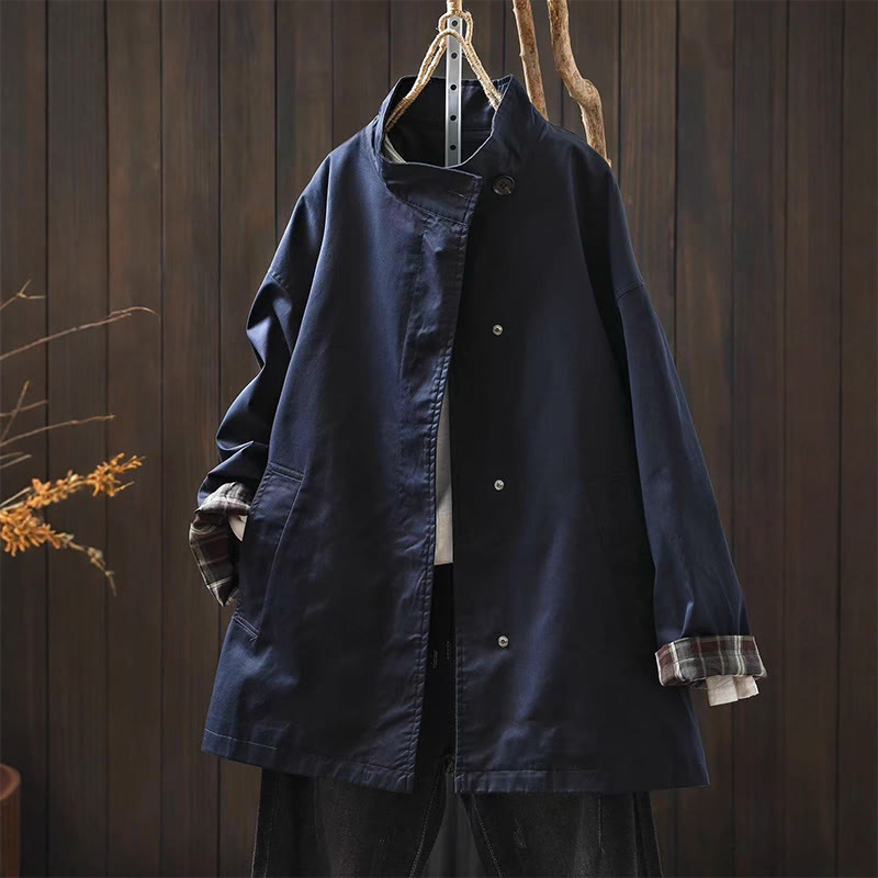 Veste mi-longue en coton à manches longues et poches, ornée de boutons et de Buddha Stones - SteelBlue - US4-6，UK/AU8-10，EU36-38 (F) - image 0