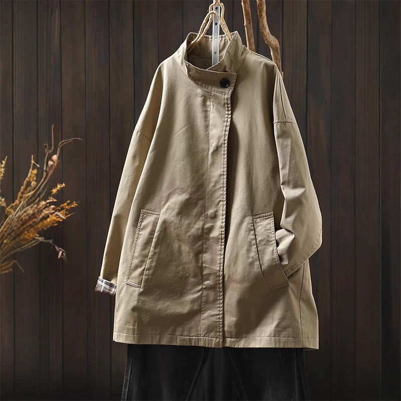 Veste mi-longue en coton à manches longues et poches, ornée de boutons et de Buddha Stones - Blé - US4-6，UK/AU8-10，EU36-38 (F) - image 2