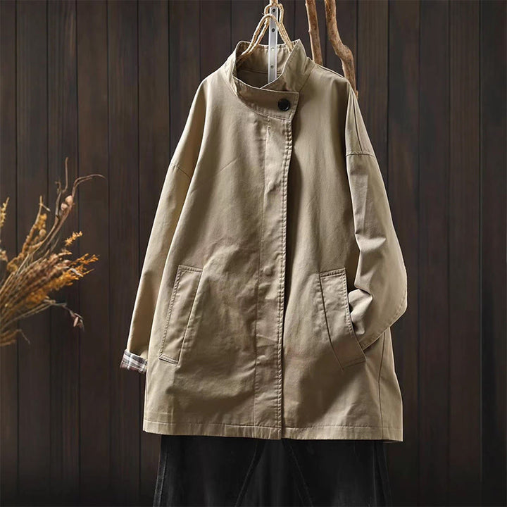 Veste mi-longue en coton à manches longues et poches, ornée de boutons et de Buddha Stones - Blé - US4-6，UK/AU8-10，EU36-38 (F) - image 2