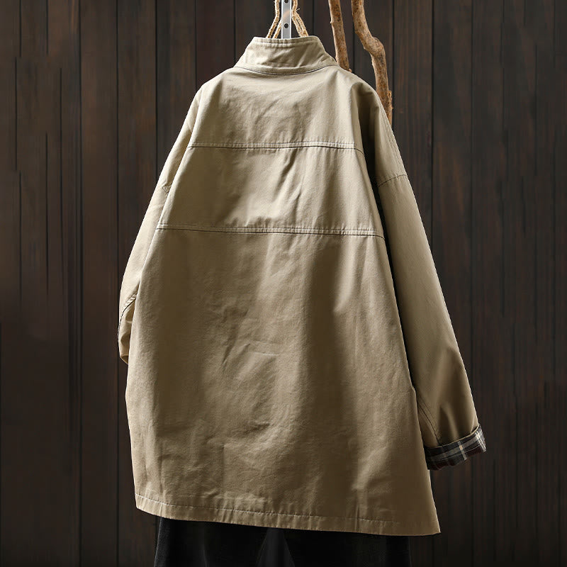 Veste mi-longue en coton à manches longues et poches, ornée de boutons et de Buddha Stones - image 3