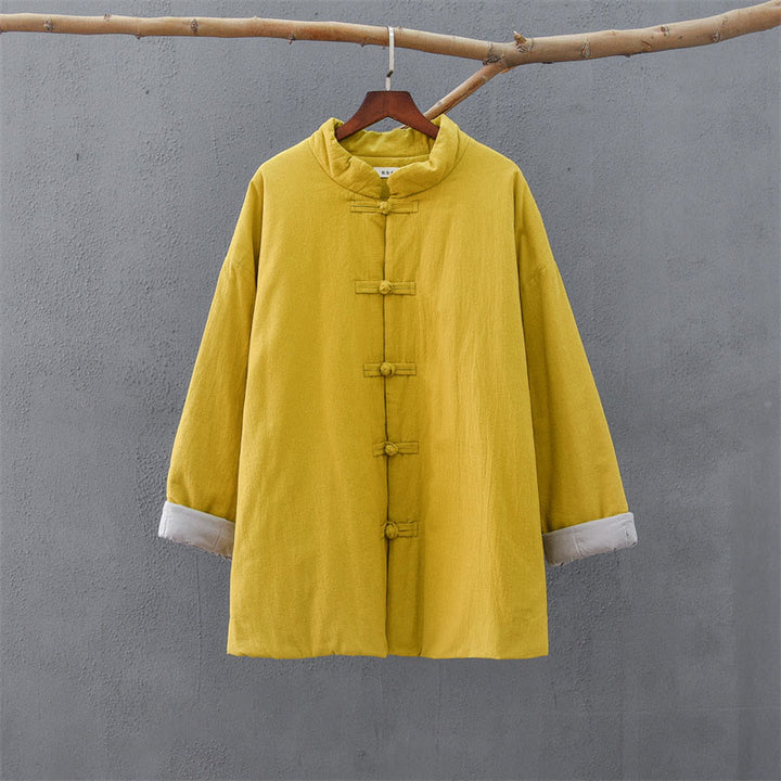 Veste thermique femme en coton uni à manches longues et poches, ornée de boutons grenouille, de la Buddha Stones Winter - image 10