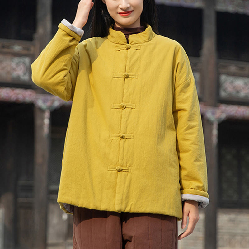 Veste thermique femme en coton uni à manches longues et poches, ornée de boutons grenouille, de la Buddha Stones Winter - image 1