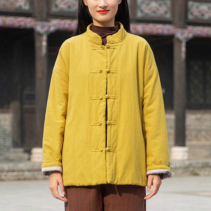 Veste thermique femme en coton uni à manches longues et poches, ornée de boutons grenouille, de la Buddha Stones Winter - image 2