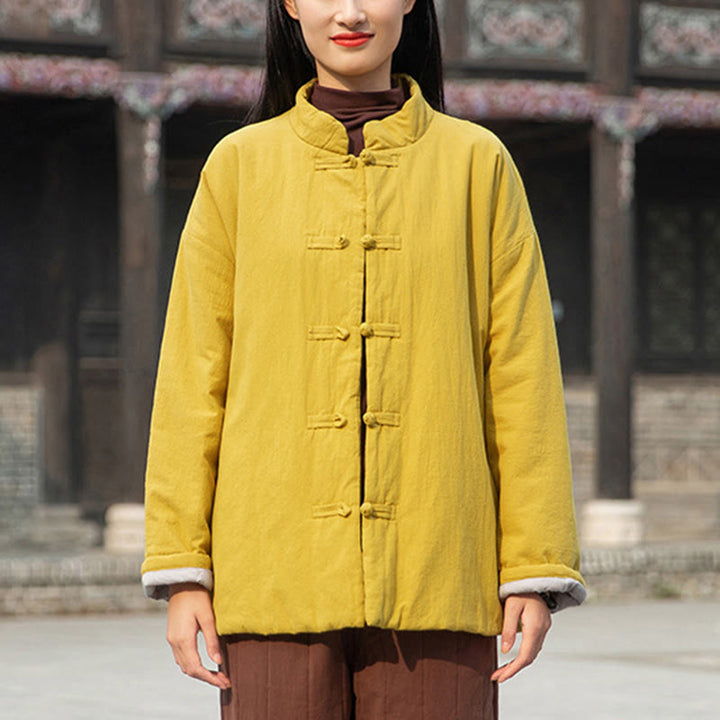 Veste thermique femme en coton uni à manches longues et poches, ornée de boutons grenouille, de la Buddha Stones Winter - image 2